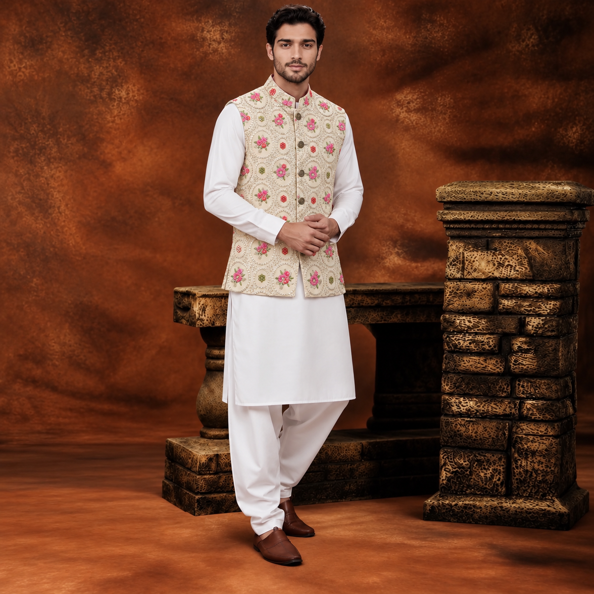 Chiffon Ivory Floral Embroidered Waistcoat