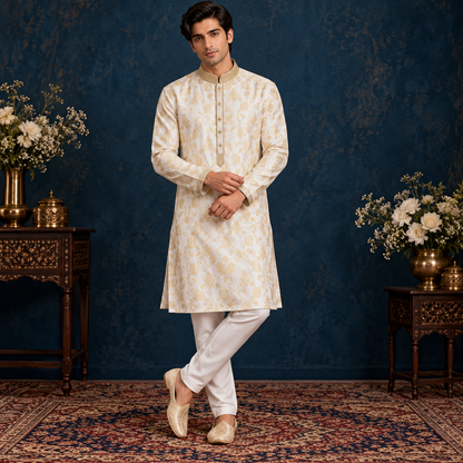 Chiffon Jamawar Gold Emb Collar Suit
