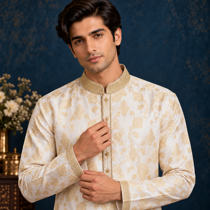 Chiffon Jamawar Gold Emb Collar Suit