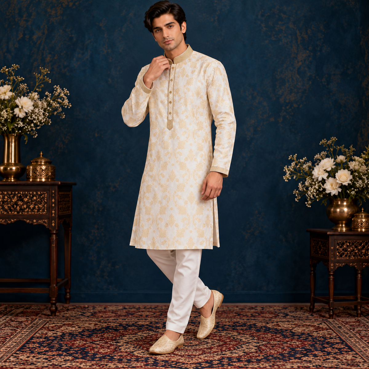 Chiffon Jamawar Gold Emb Collar Suit