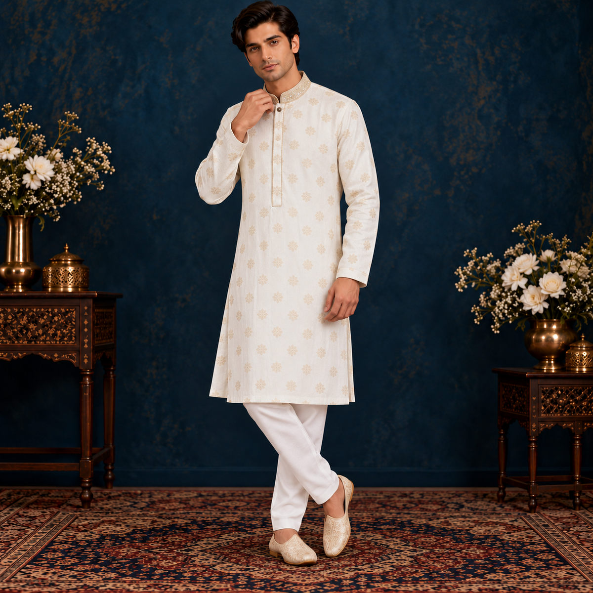 Chiffon Jamawar Gold/White Emb Collar Suit