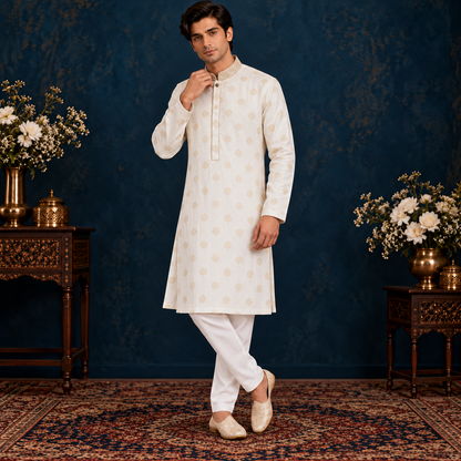 Chiffon Jamawar Gold/White Emb Collar Suit