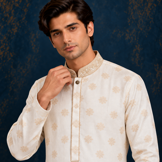 Chiffon Jamawar Gold/White Emb Collar Suit