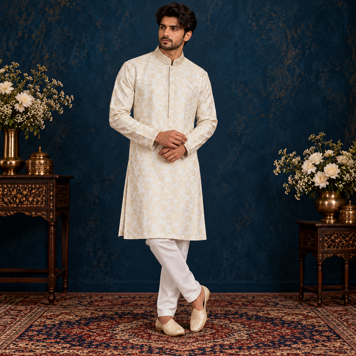 Chiffon Jamawar White Emb Collar Suit