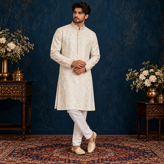 Chiffon Jamawar White Emb Collar Suit