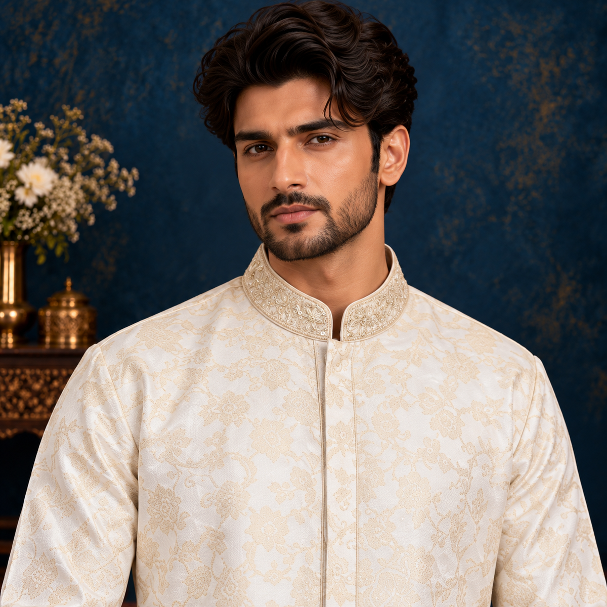 Chiffon Jamawar White Emb Collar Suit