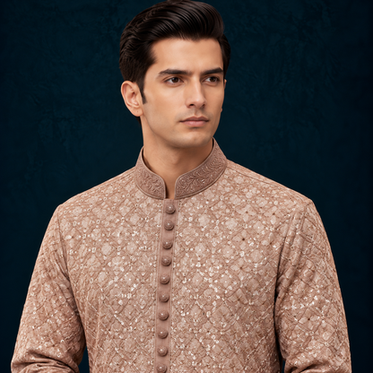 Chiffon Light Brown Emb Band Collar Suit