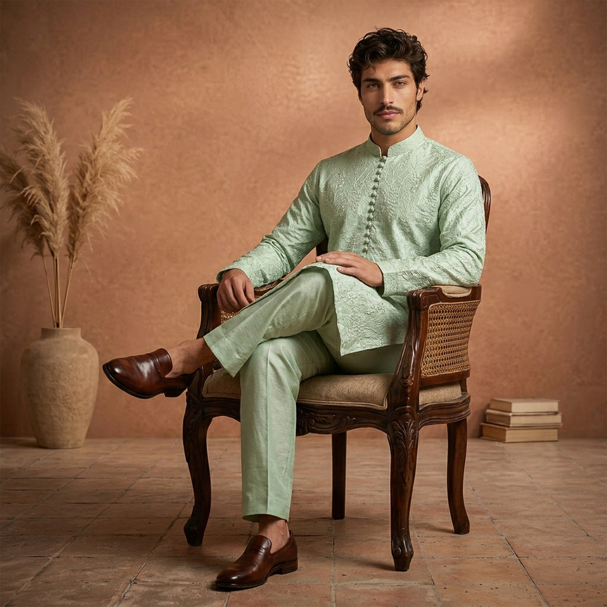 Chiffon Mint Green Emb Band Collar Suit