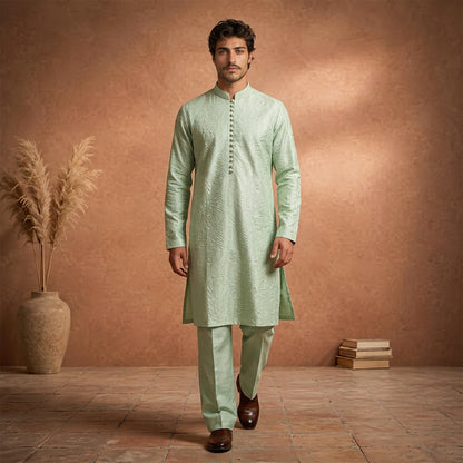 Chiffon Mint Green Emb Band Collar Suit