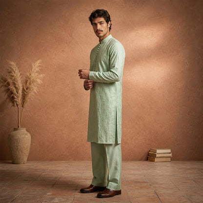 Chiffon Mint Green Emb Band Collar Suit