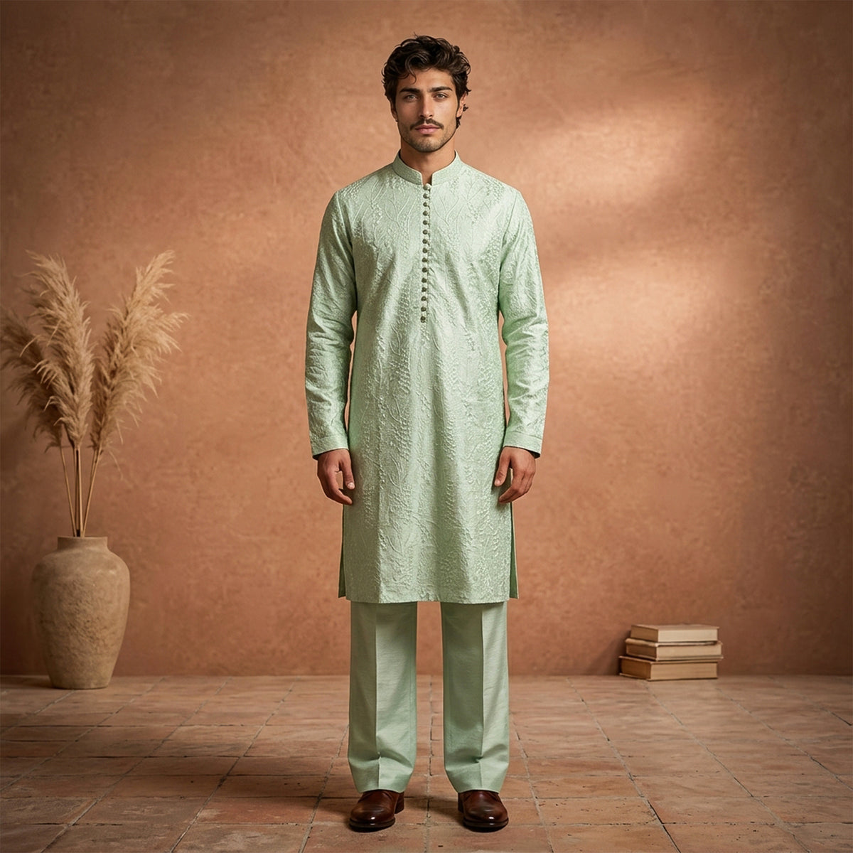 Chiffon Mint Green Emb Band Collar Suit