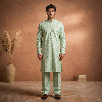 Chiffon Mint Green Emb Band Collar Suit