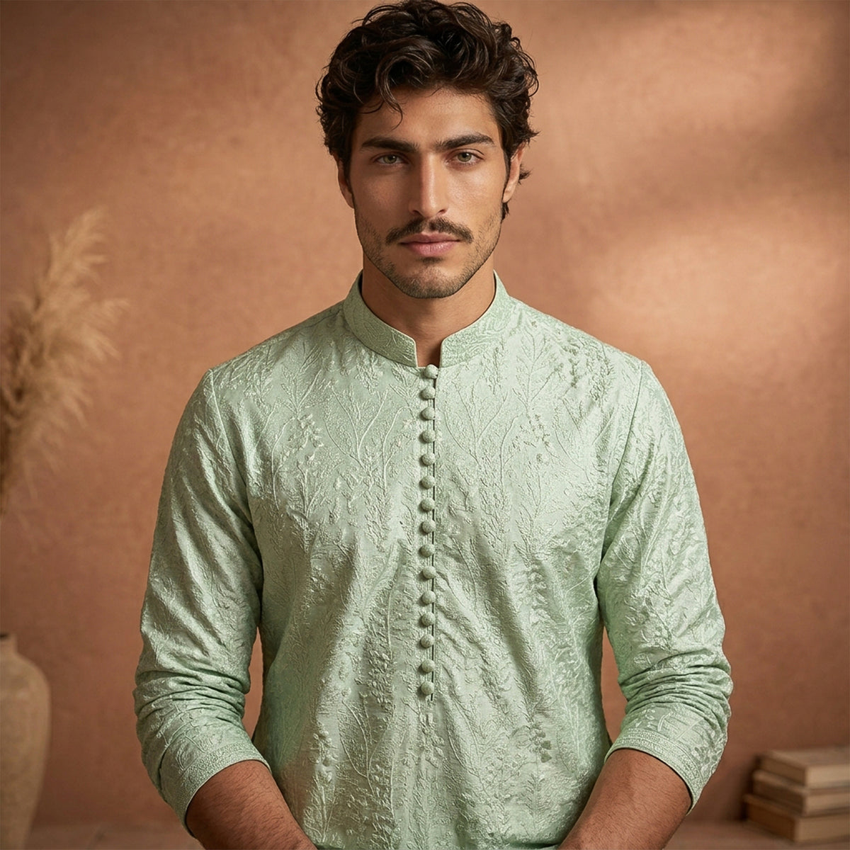 Chiffon Mint Green Emb Band Collar Suit