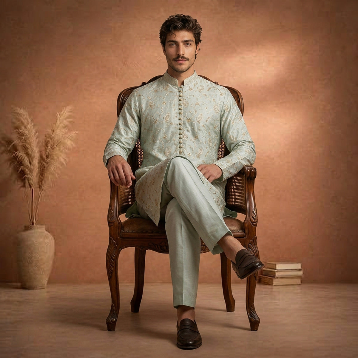 Chiffon Pastel Blue Emb Band Collar Suit