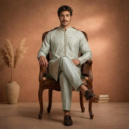 Chiffon Pastel Blue Emb Band Collar Suit