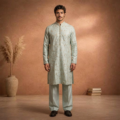 Chiffon Pastel Blue Emb Band Collar Suit
