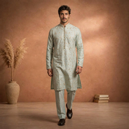 Chiffon Pastel Blue Emb Band Collar Suit