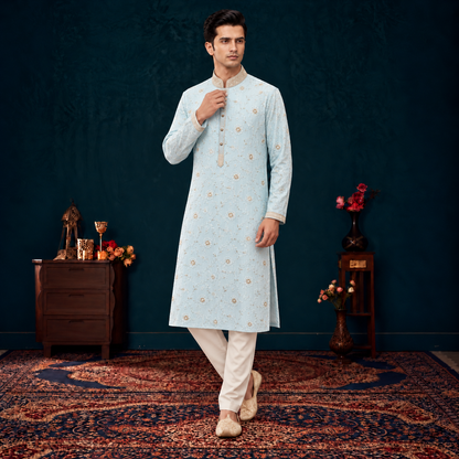 Chiffon Pastel Blue Emb Gold Band Collar Suit