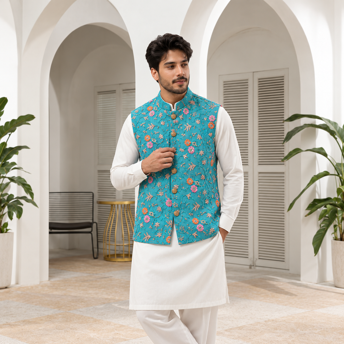 Chiffon Turquoise Embroidered Waistcoat
