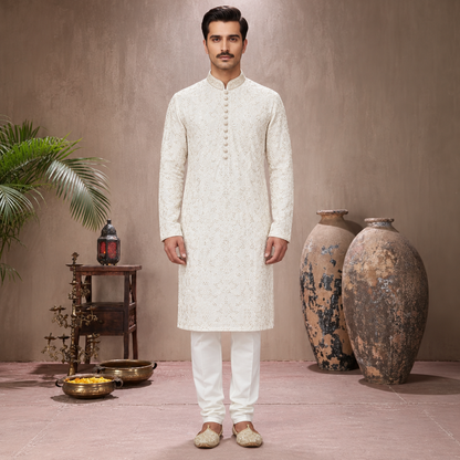 Chiffon White Emb Band Collar Suit