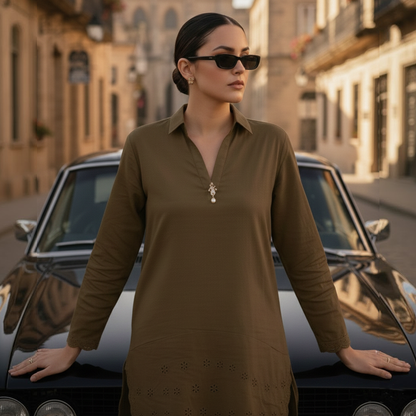 Chocolate Brown Shirt Collar Co-ord Set