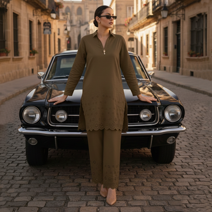 Chocolate Brown Shirt Collar Co-ord Set