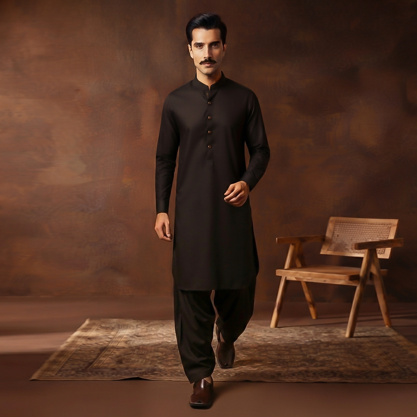 Classic Fit Black Band Collar Plain Suit