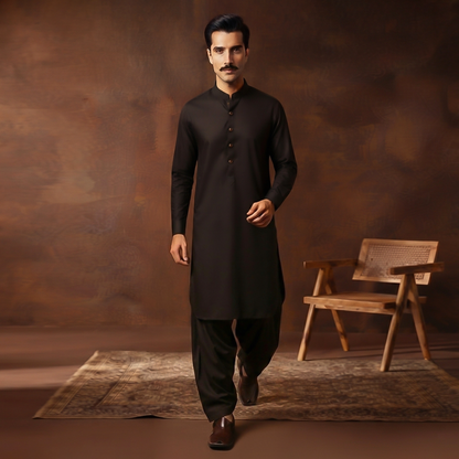Classic Fit Black Band Collar Plain Suit