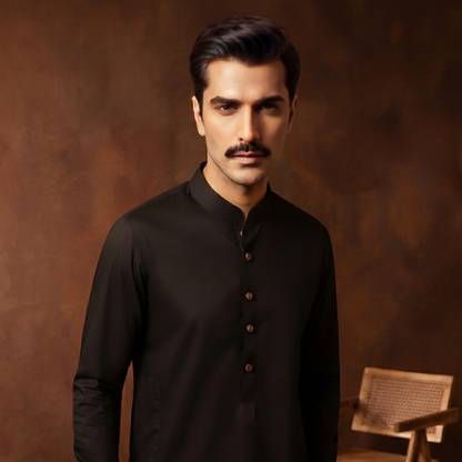 Classic Fit Black Band Collar Plain Suit