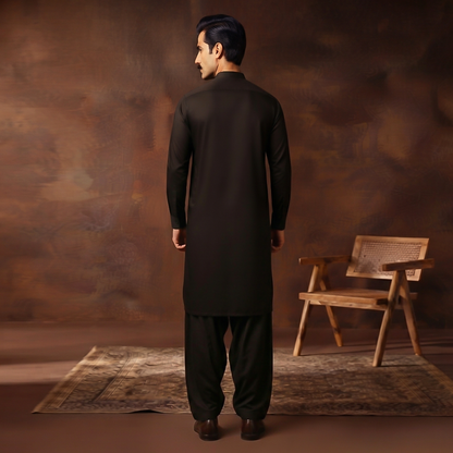 Classic Fit Black Band Collar Plain Suit