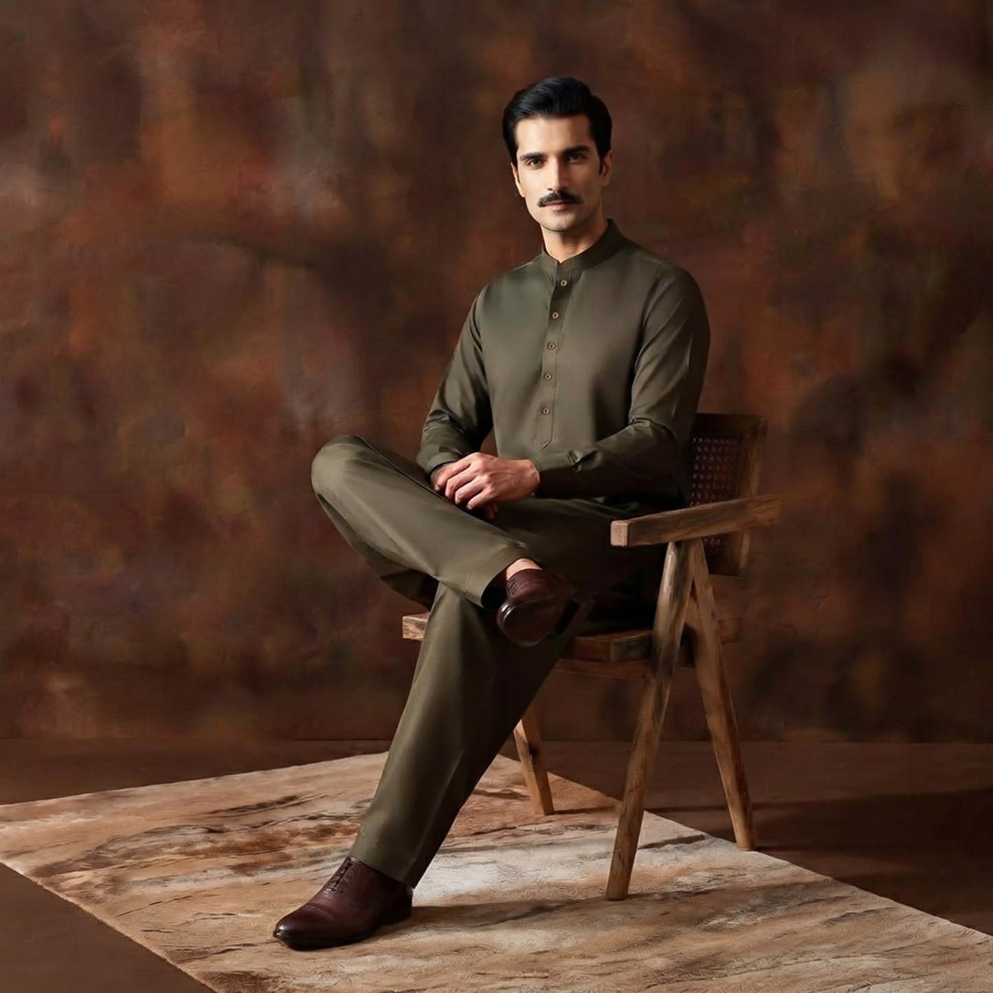 Classic Fit Black Olive Band Collar Plain Suit
