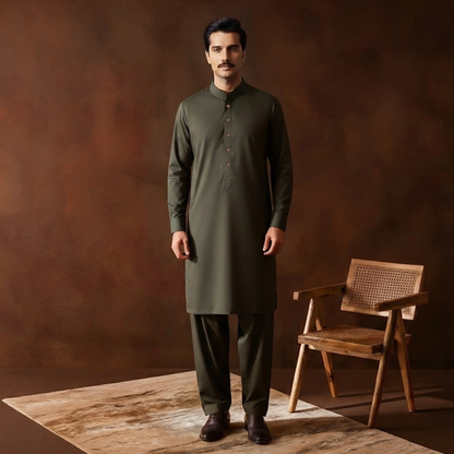 Classic Fit Black Olive Band Collar Plain Suit