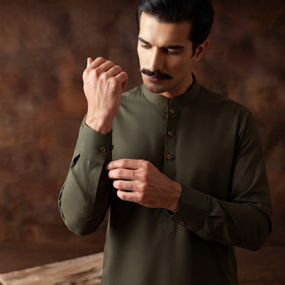 Classic Fit Black Olive Band Collar Plain Suit