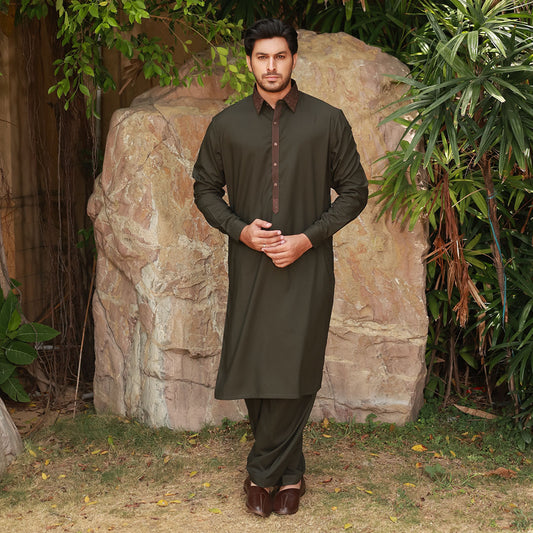 Classic Fit Black Olive Emb Shirt Collar Suit