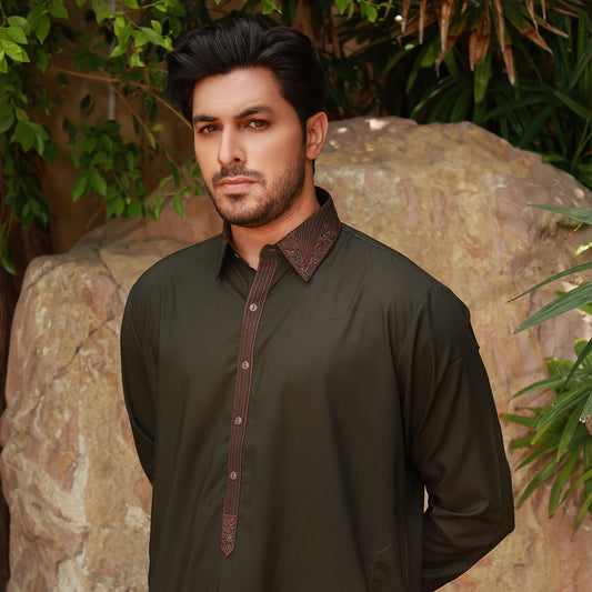 Classic Fit Black Olive Emb Shirt Collar Suit