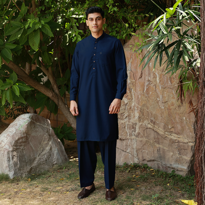Classic Fit Blue Band Collar Pocket Emb Suit
