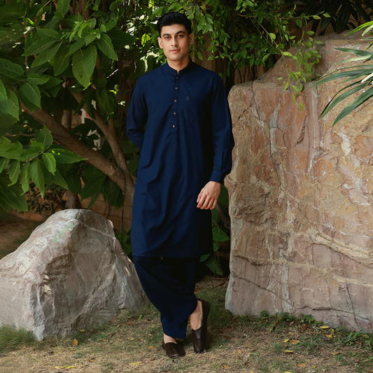 Classic Fit Blue Band Collar Pocket Emb Suit