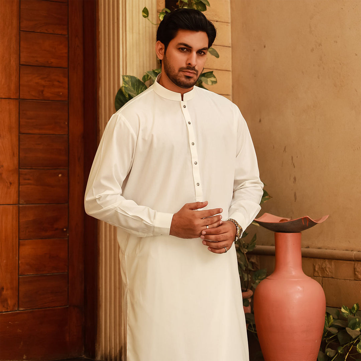 Classic Fit Cloud Dancer Band Collar Plain Suit