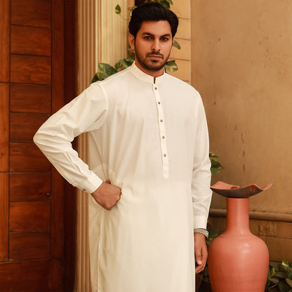 Classic Fit Cloud Dancer Band Collar Plain Suit