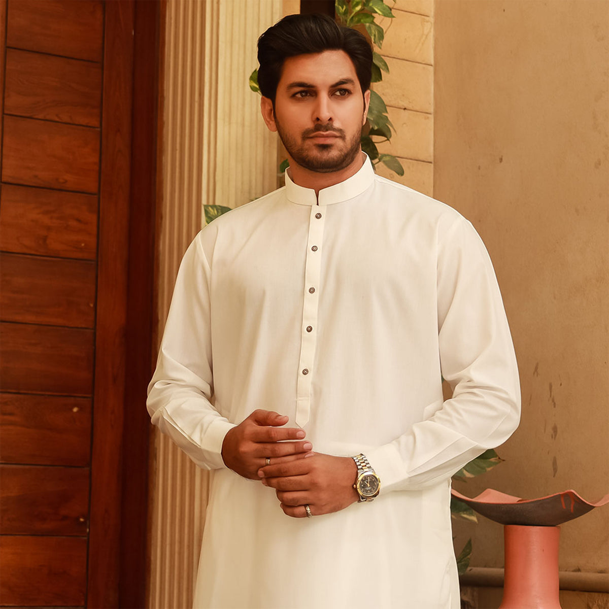 Classic Fit Cloud Dancer Band Collar Plain Suit