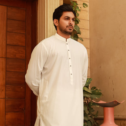 Classic Fit Cloud Dancer Band Collar Plain Suit