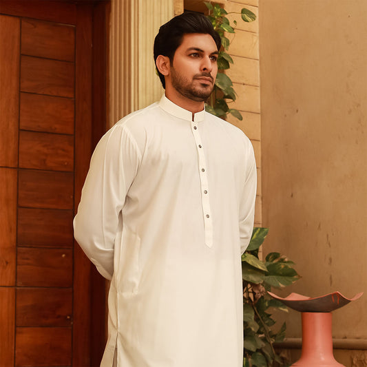 Classic Fit Cloud Dancer Band Collar Plain Suit