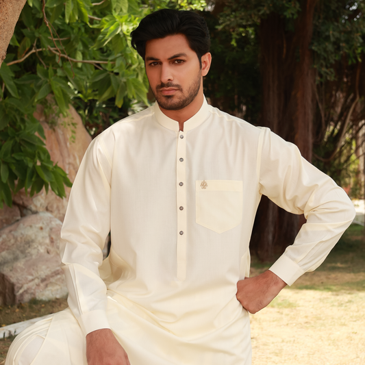 Classic Fit Cream Band Collar Pocket Emb Suit