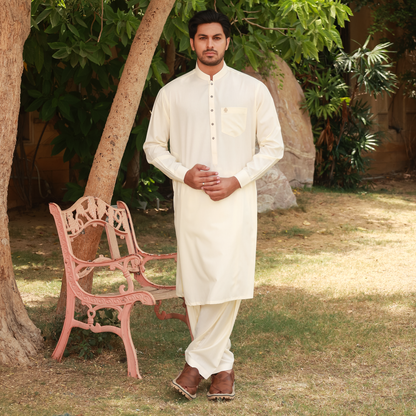 Classic Fit Cream Band Collar Pocket Emb Suit