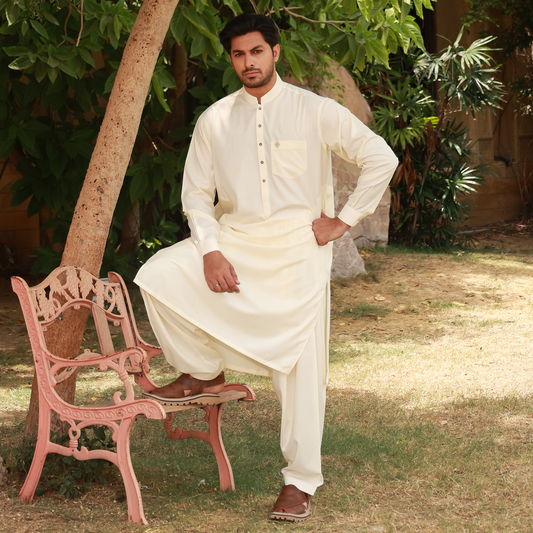 Classic Fit Cream Band Collar Pocket Emb Suit