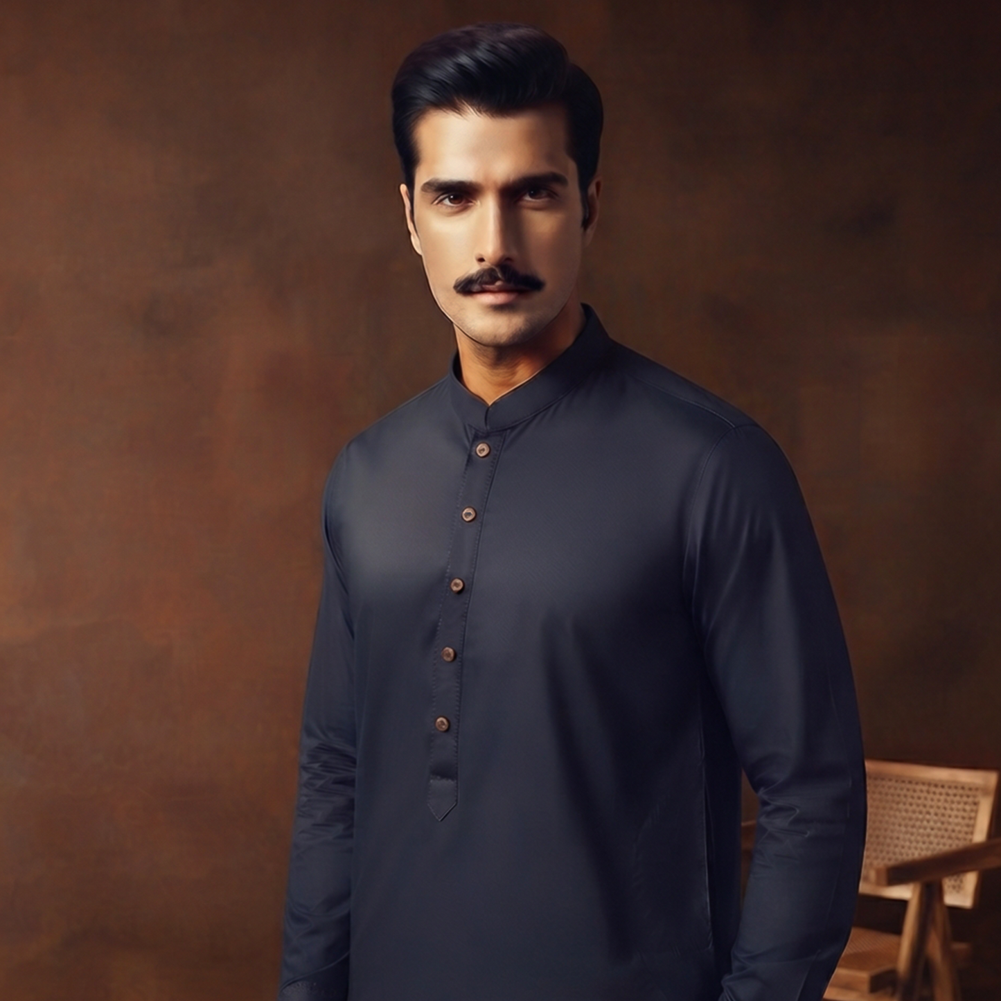 Classic Fit Dark Navy Band Collar Plain Suit
