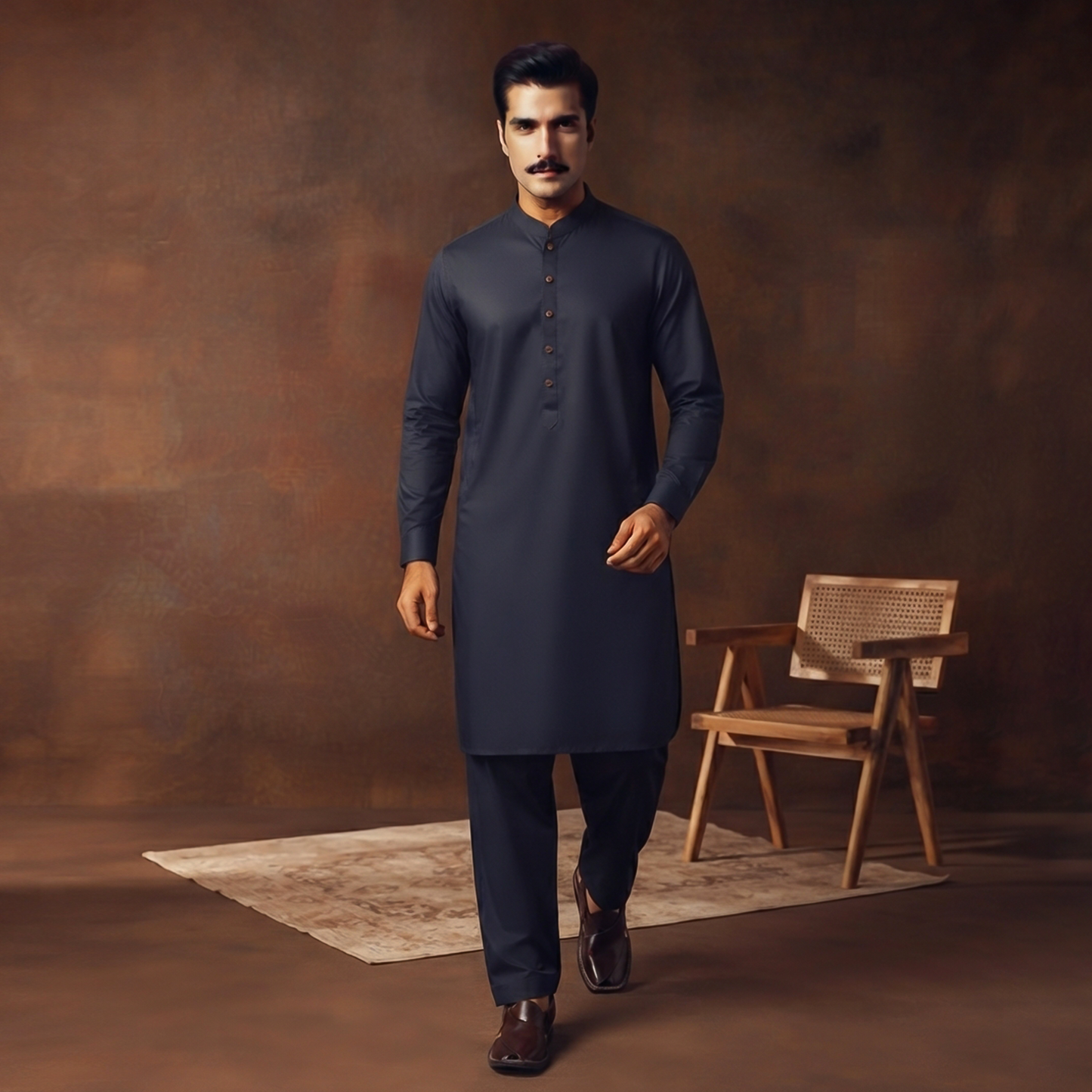 Classic Fit Dark Navy Band Collar Plain Suit