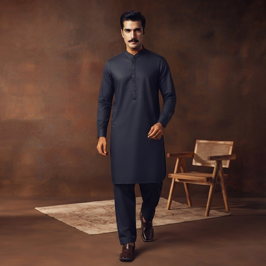 Classic Fit Dark Navy Band Collar Plain Suit