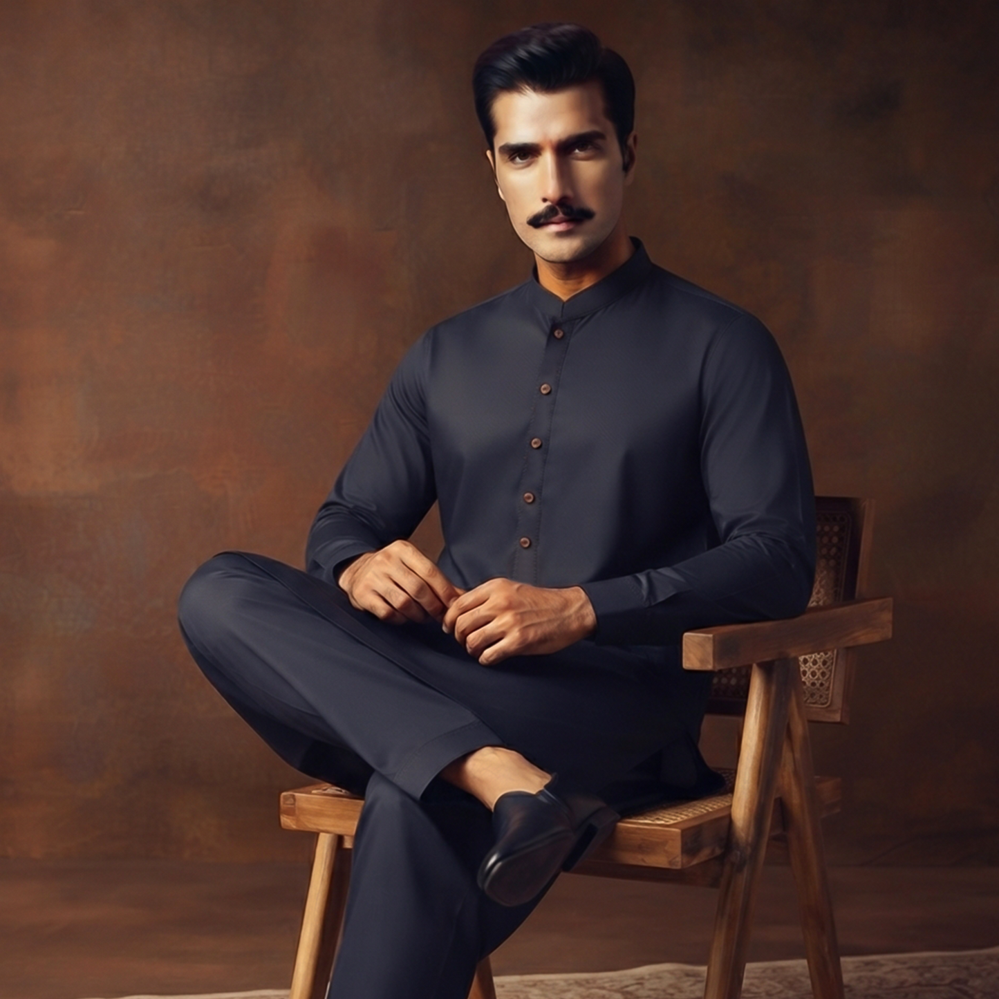 Classic Fit Dark Navy Band Collar Plain Suit
