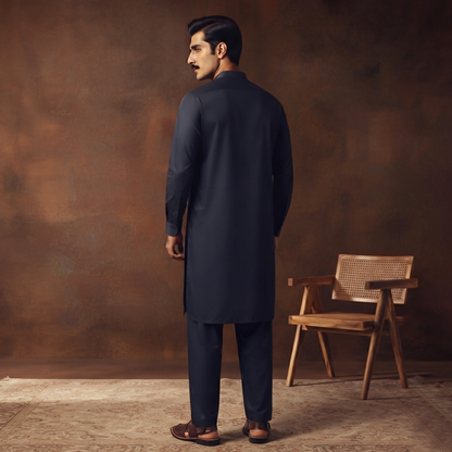 Classic Fit Dark Navy Band Collar Plain Suit